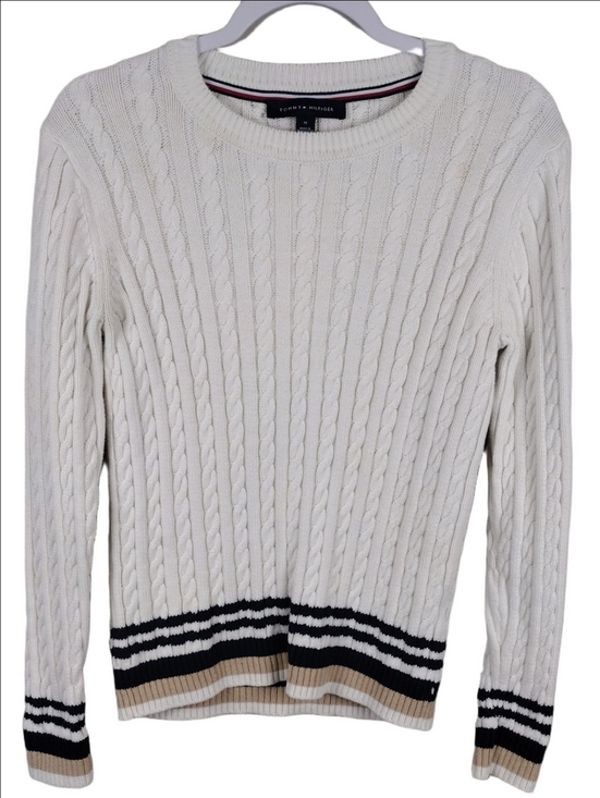 Tommy Hilfiger Sweaters - Tommy Hilfiger White Cable Knit Navy Striped Hem Crewneck Long Sleeve Sweater
